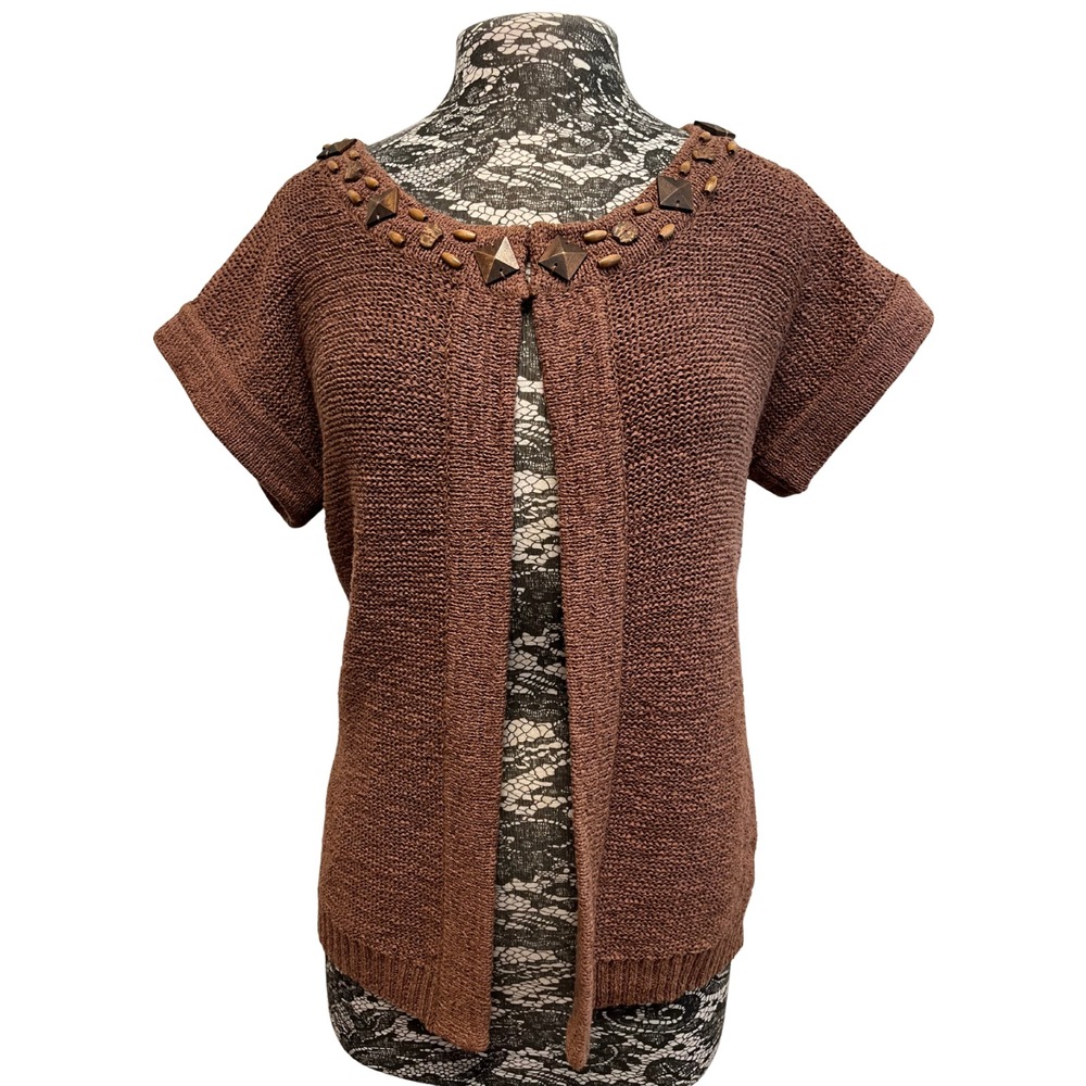 Vintage Y2K Open Cardigan M‎ Brown Short Sleeve Beaded Grunge McBling Whimsigoth